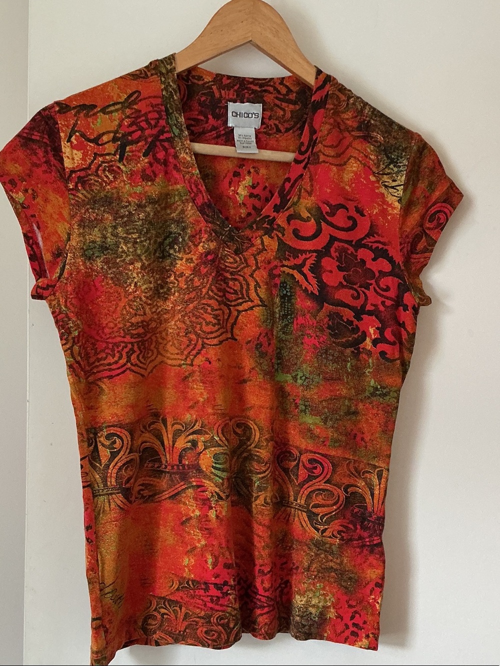 Chico's V-Neck Short Sleeve Printed Top — Orange Multi